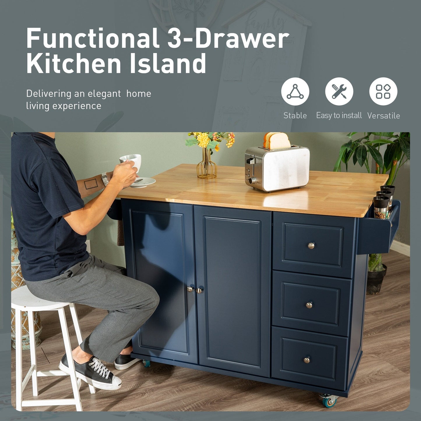 Desserte de cuisine Sophia & William avec abattant et plateau en bois d'hévéa, desserte de cuisine roulante avec grand meuble de rangement