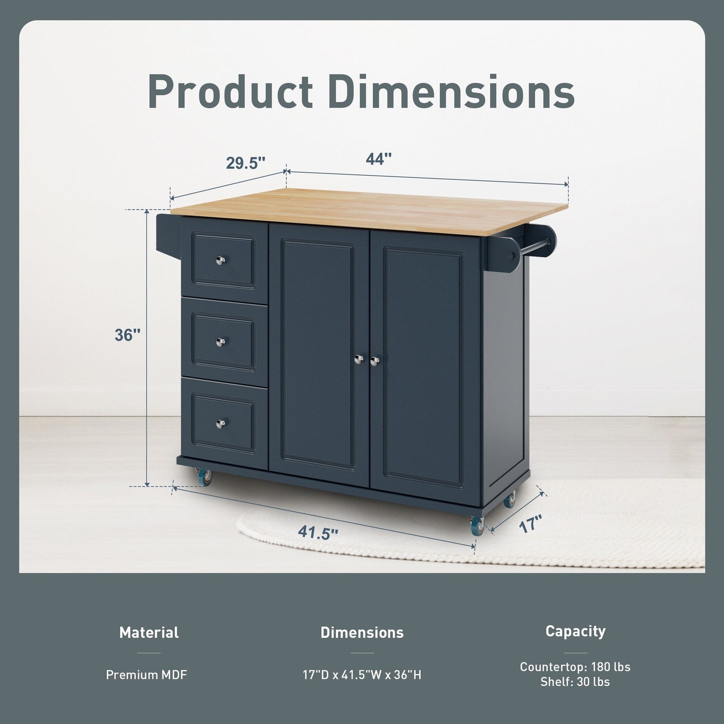 Desserte de cuisine Sophia & William avec abattant et plateau en bois d'hévéa, desserte de cuisine roulante avec grand meuble de rangement