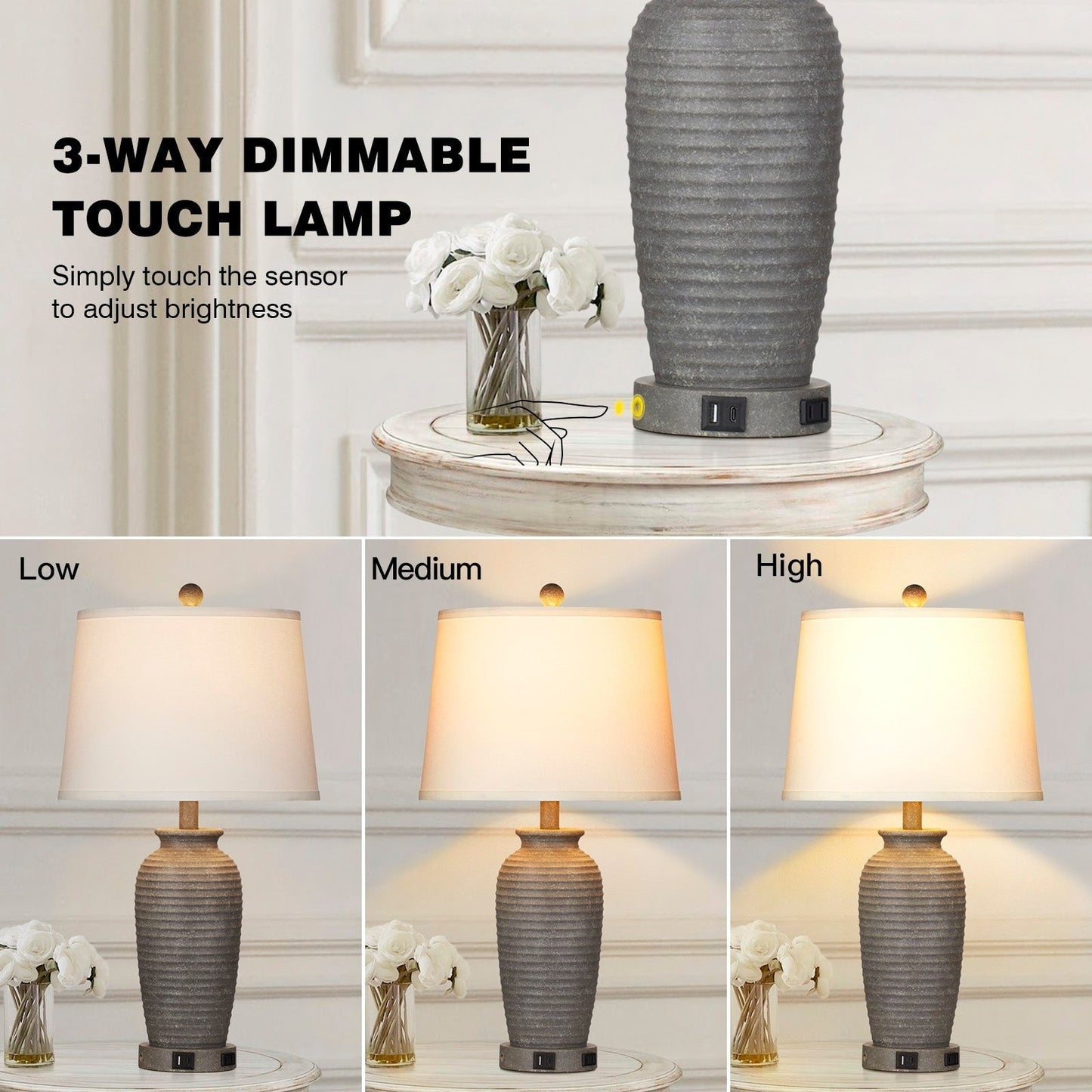 Grey Resin Table Lamps with 3-way Touch Dimming Switch USB Charging Port and AC Outlet (Set of 2)