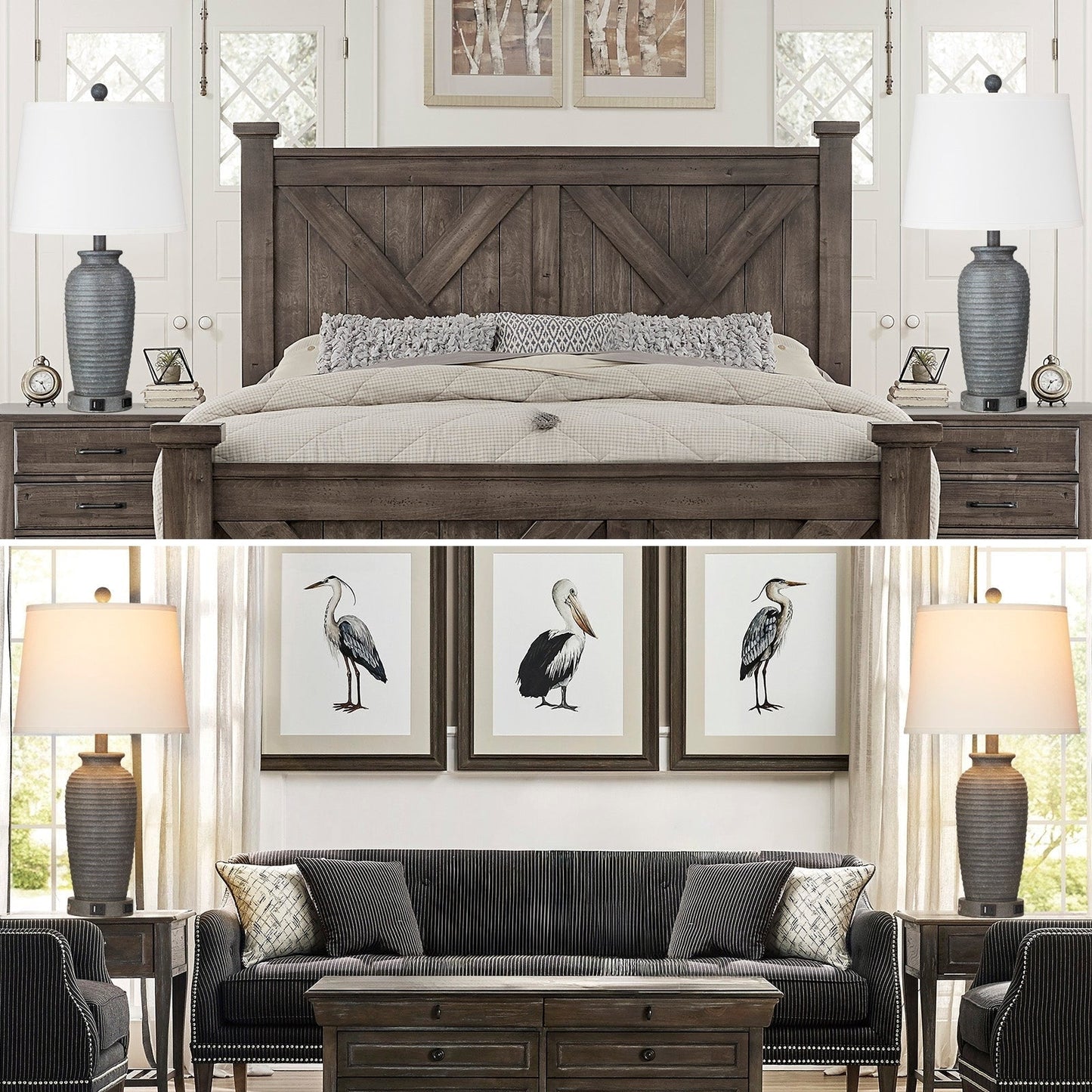 Grey Resin Table Lamps with 3-way Touch Dimming Switch USB Charging Port and AC Outlet (Set of 2)