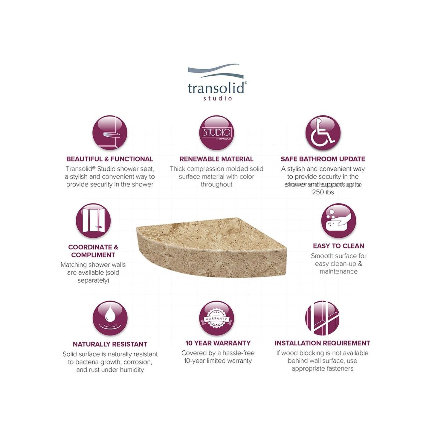 Siège de douche d'angle mural en surface solide Transolid Studio 14 po x 14 po - 14,5 x 14,25 x 3