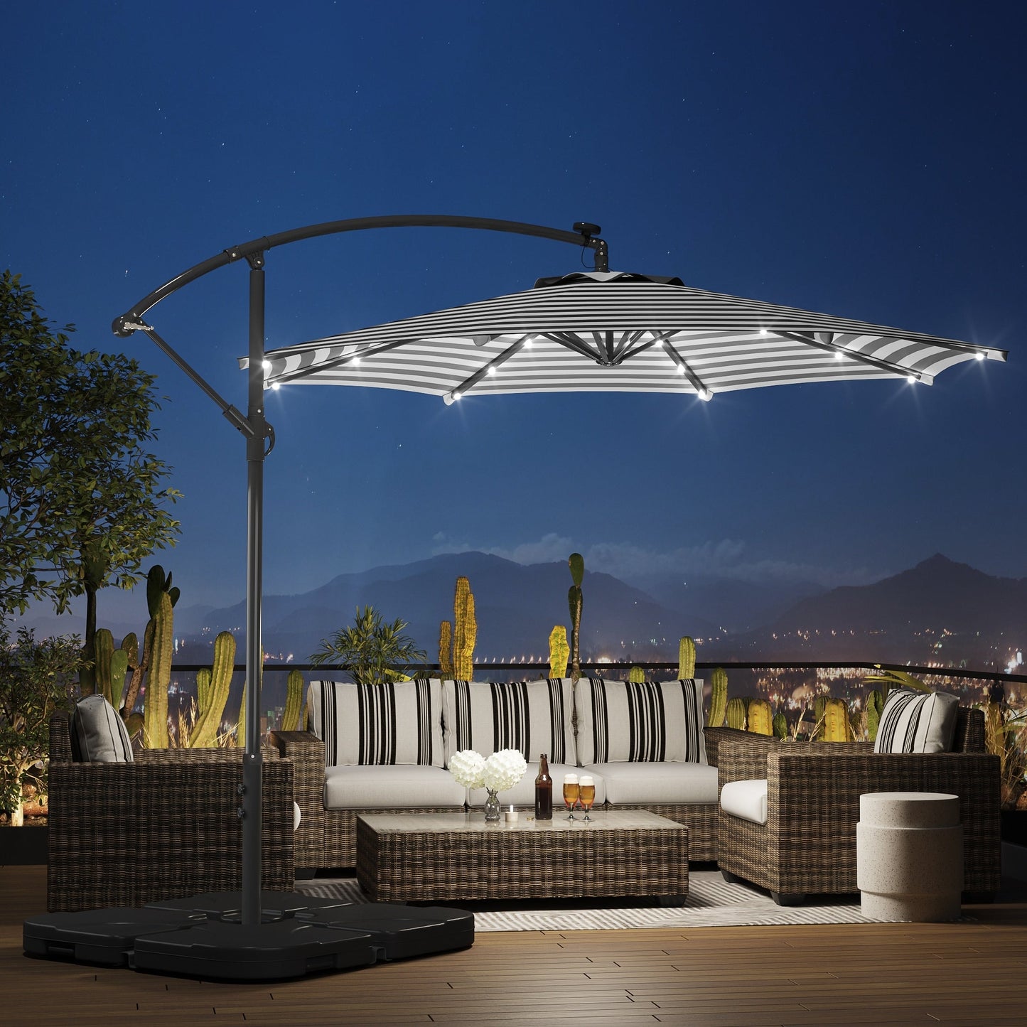Parasol de terrasse éclairé à énergie solaire de 3 m avec pied