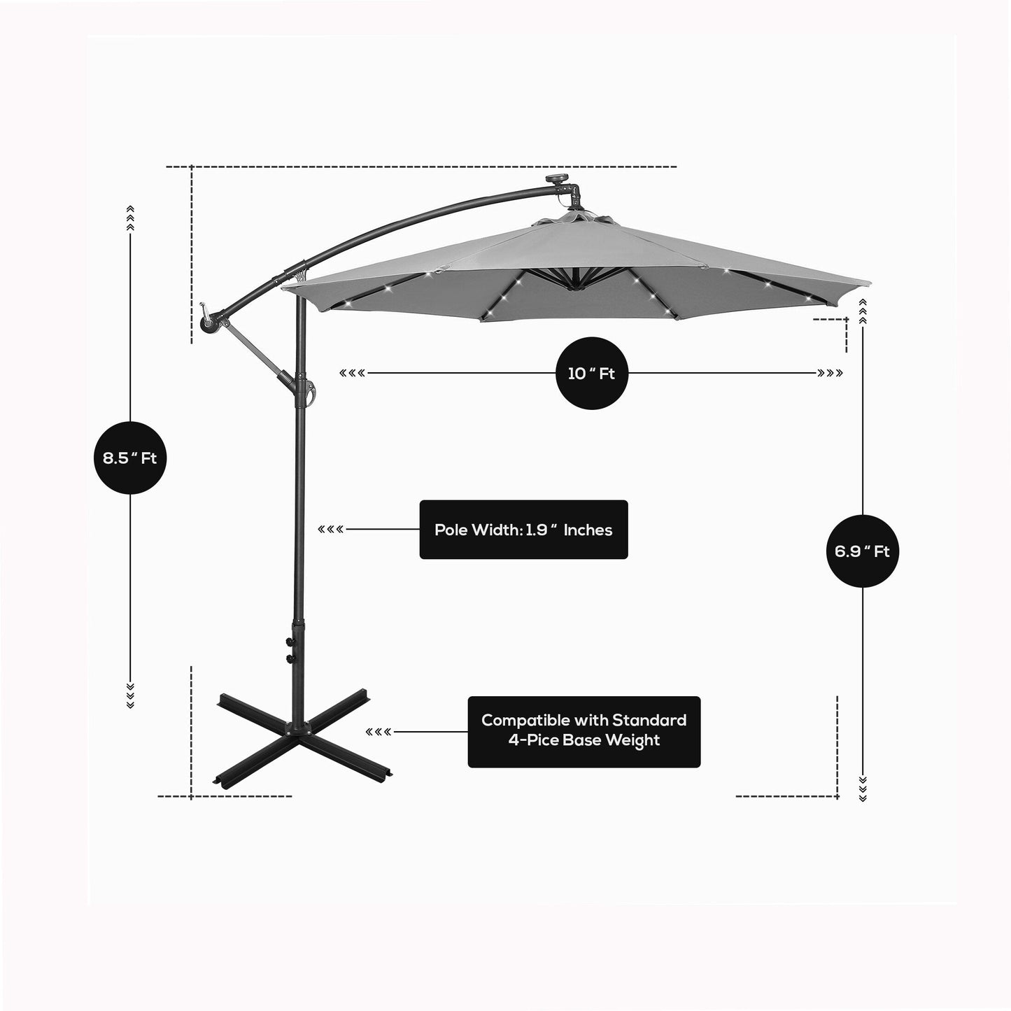 Parasol de terrasse éclairé à énergie solaire de 3 m avec pied