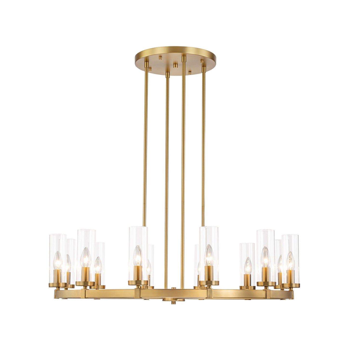 Lustre à 12 lumières en forme de roue de chariot, style moderne du milieu du siècle, en verre transparent, doré/noir, grand modèle