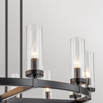 Lustre à 12 lumières en forme de roue de chariot, style moderne du milieu du siècle, en verre transparent, doré/noir, grand modèle