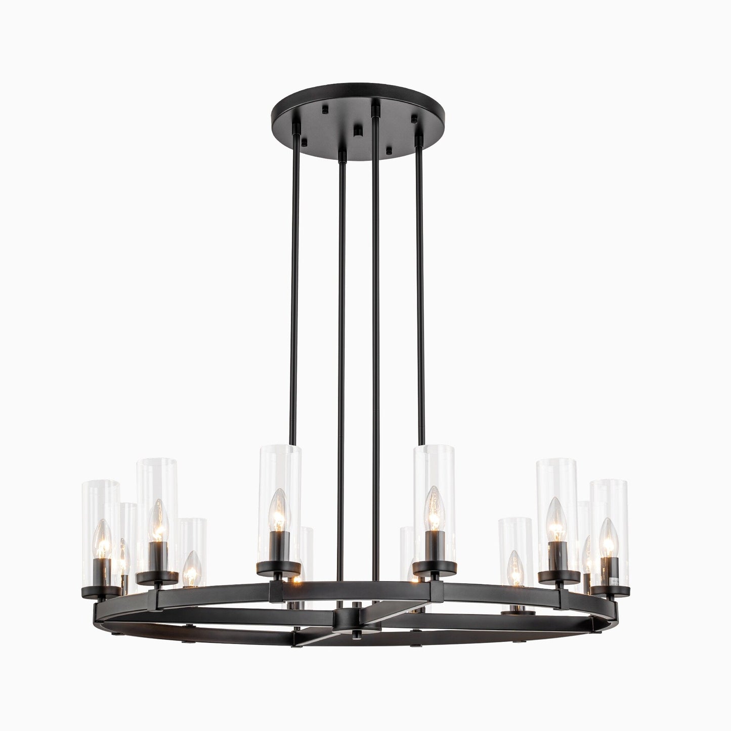 Lustre à 12 lumières en forme de roue de chariot, style moderne du milieu du siècle, en verre transparent, doré/noir, grand modèle