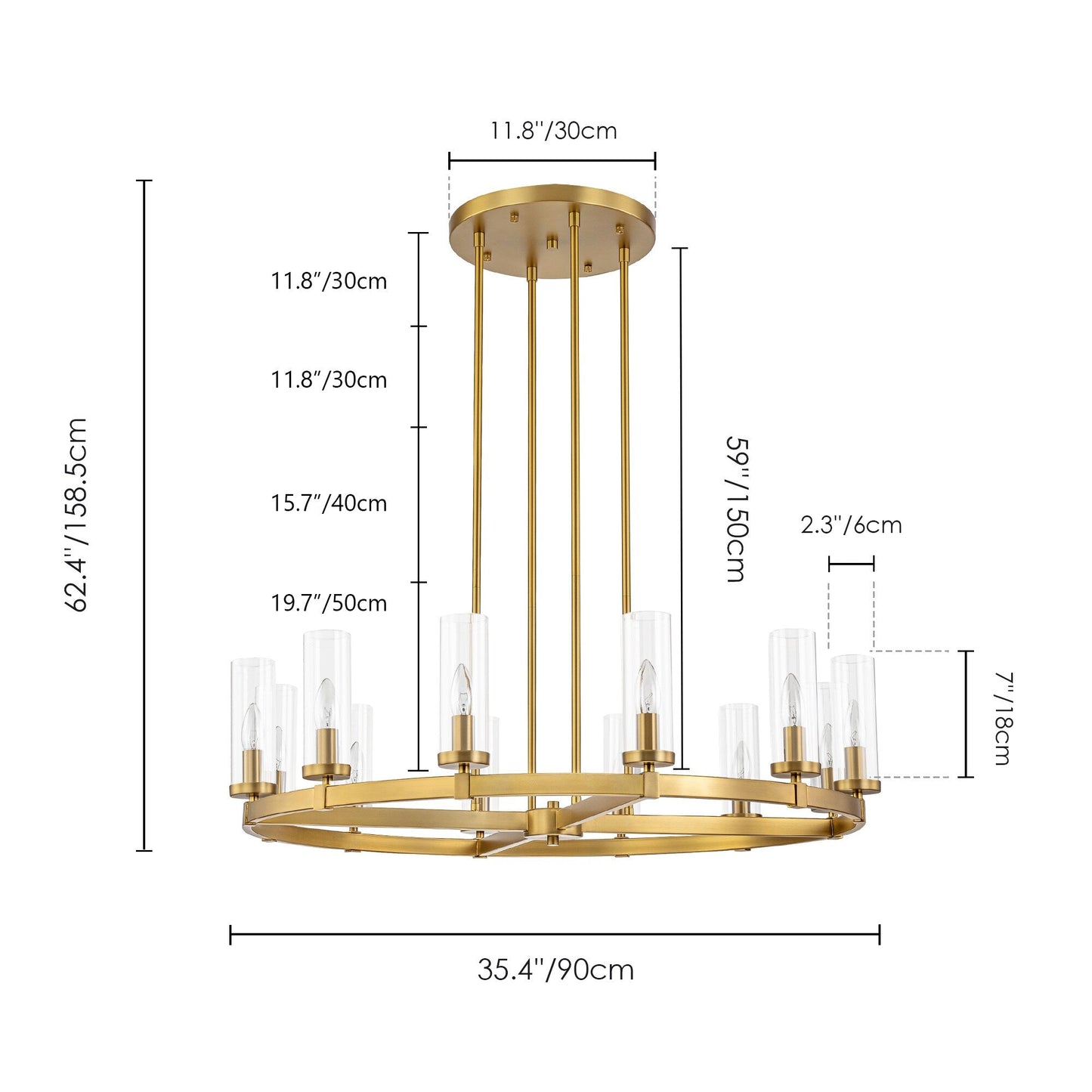 Lustre à 12 lumières en forme de roue de chariot, style moderne du milieu du siècle, en verre transparent, doré/noir, grand modèle