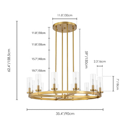 Lustre à 12 lumières en forme de roue de chariot, style moderne du milieu du siècle, en verre transparent, doré/noir, grand modèle
