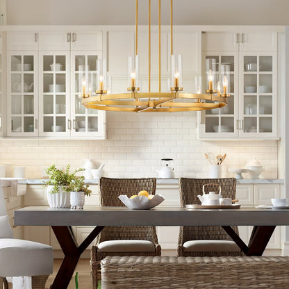 Lustre à 12 lumières en forme de roue de chariot, style moderne du milieu du siècle, en verre transparent, doré/noir, grand modèle