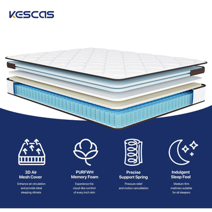 Matelas hybride 14 pouces, mousse à mémoire de forme et ressorts ensachés, fermeté moyenne, tailles Queen et King en option