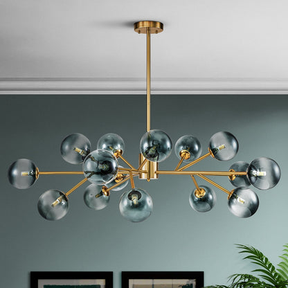 Lustre linéaire moderne à 15 lumières pour îlot de cuisine Sputnik avec branches et globes en verre