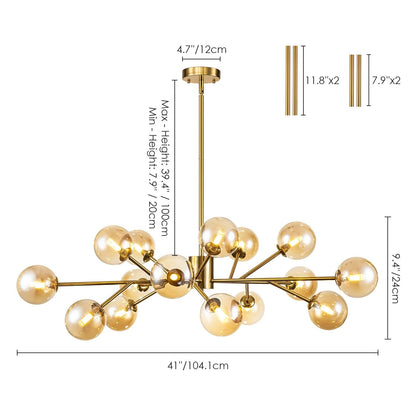 Lustre linéaire moderne à 15 lumières pour îlot de cuisine Sputnik avec branches et globes en verre