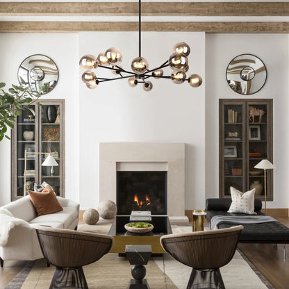 Lustre linéaire moderne à 15 lumières pour îlot de cuisine Sputnik avec branches et globes en verre