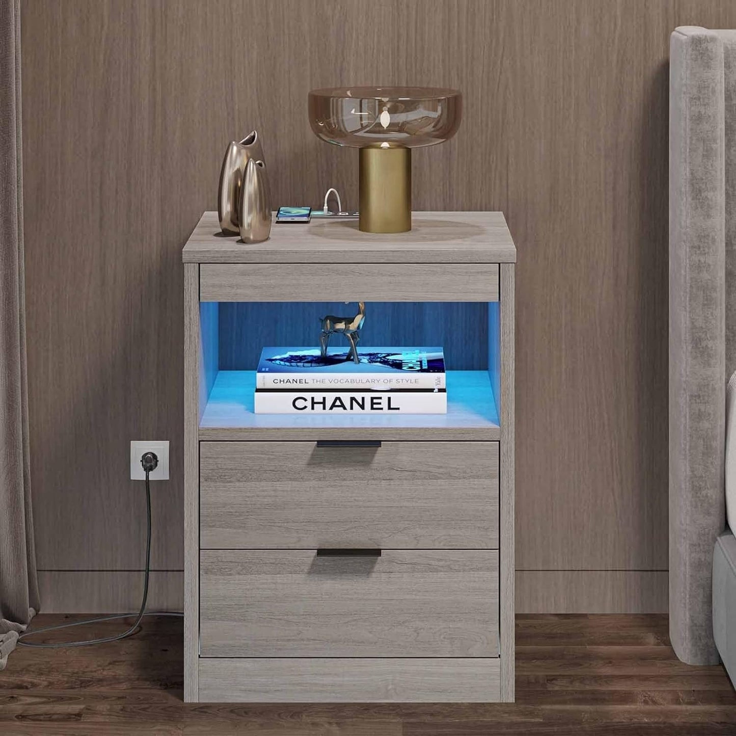 2 Drawers LED Nightstand Wireless Charging Station Pull-Out Shelf