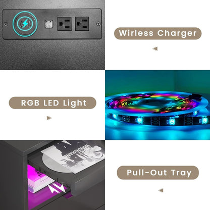 2 Drawers LED Nightstand Wireless Charging Station Pull-Out Shelf