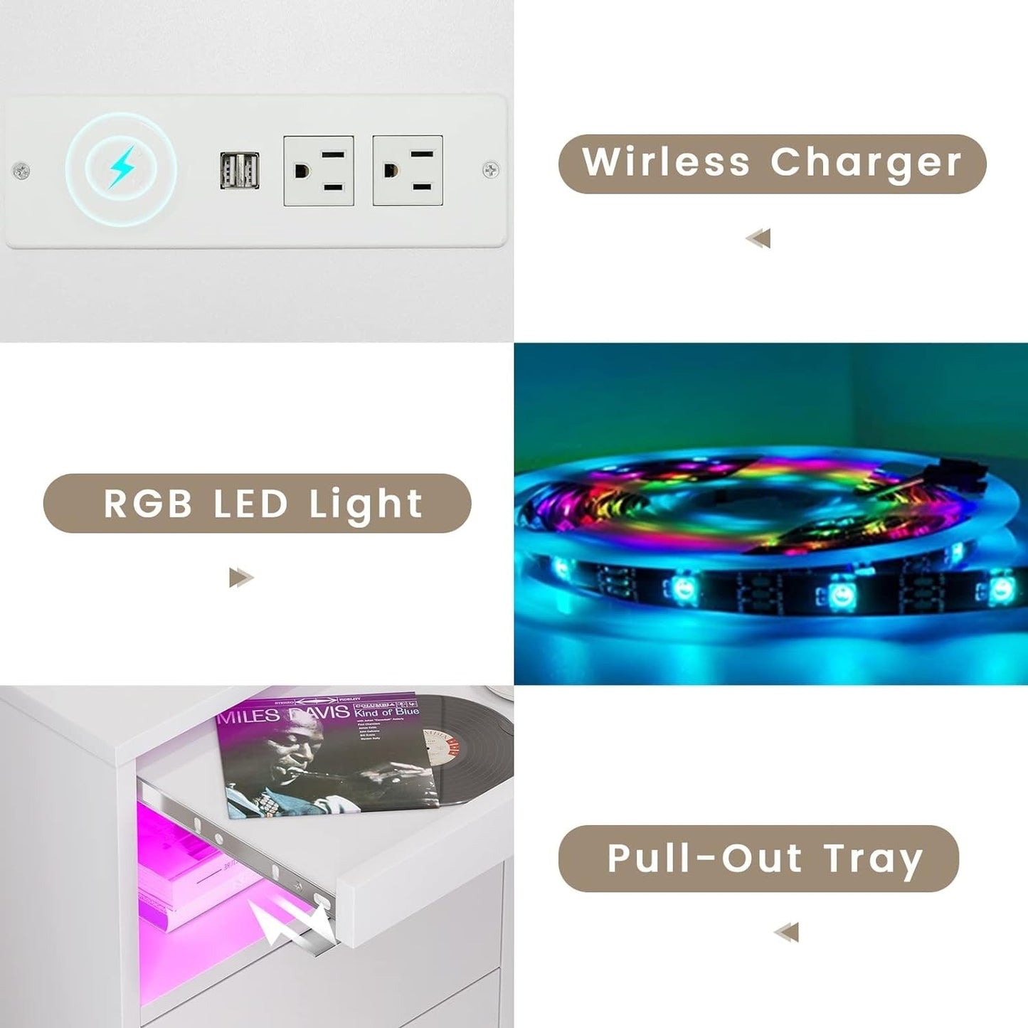 2 Drawers LED Nightstand Wireless Charging Station Pull-Out Shelf