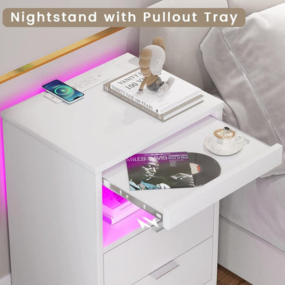 2 Drawers LED Nightstand Wireless Charging Station Pull-Out Shelf