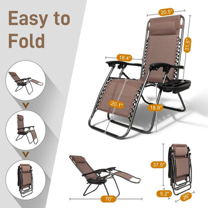 2-Piece Zero Gravity Lounge Chair Portable Folding Chairs with Cup Holder