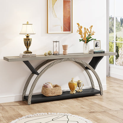 Console étroite à 2 niveaux avec cadre semi-circulaire pour entrée, tables d'appoint de couloir grises