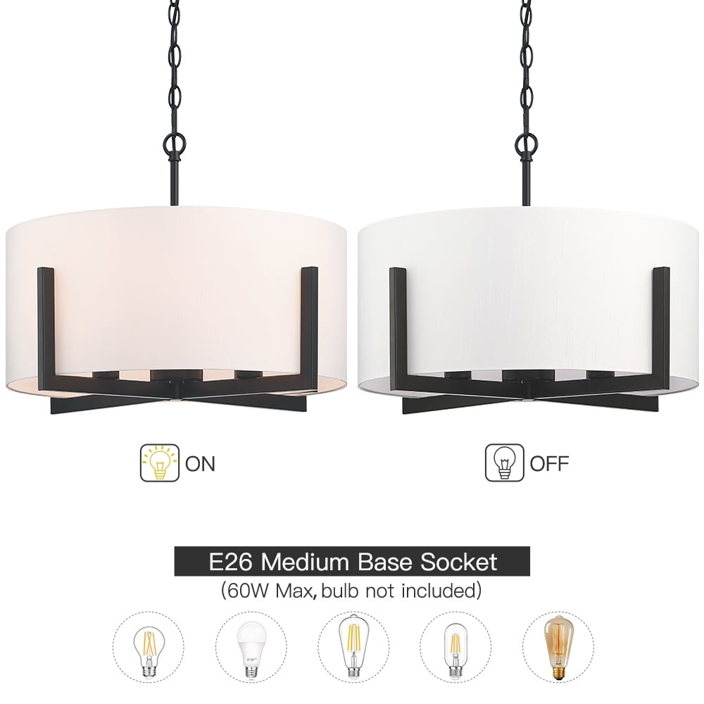Lustre suspendu noir mat à 4 lumières de 22 po avec abat-jour tambour blanc - 22 W