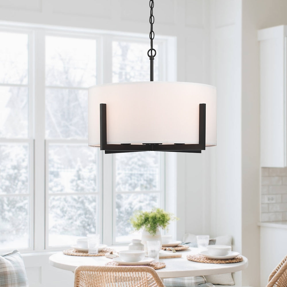 Lustre suspendu noir mat à 4 lumières de 22 po avec abat-jour tambour blanc - 22 W