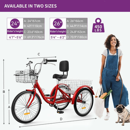 Tricycle bleu pour adulte, 26 vélos à 3 roues avec paniers amovibles