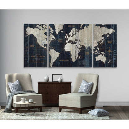 'Old World Map Blue' 3-piece Wrapped Canvas Graphic Art Print Set