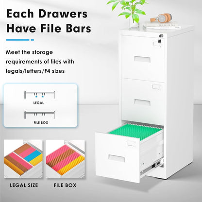 3 Drawer Metal Locking File Cabinet for Home Office, Rolling Cabinet Fully Assembled
