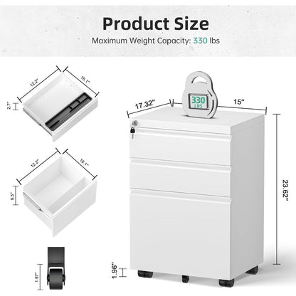 3 Drawer Metal Locking File Cabinet for Home Office, Rolling Cabinet Fully Assembled