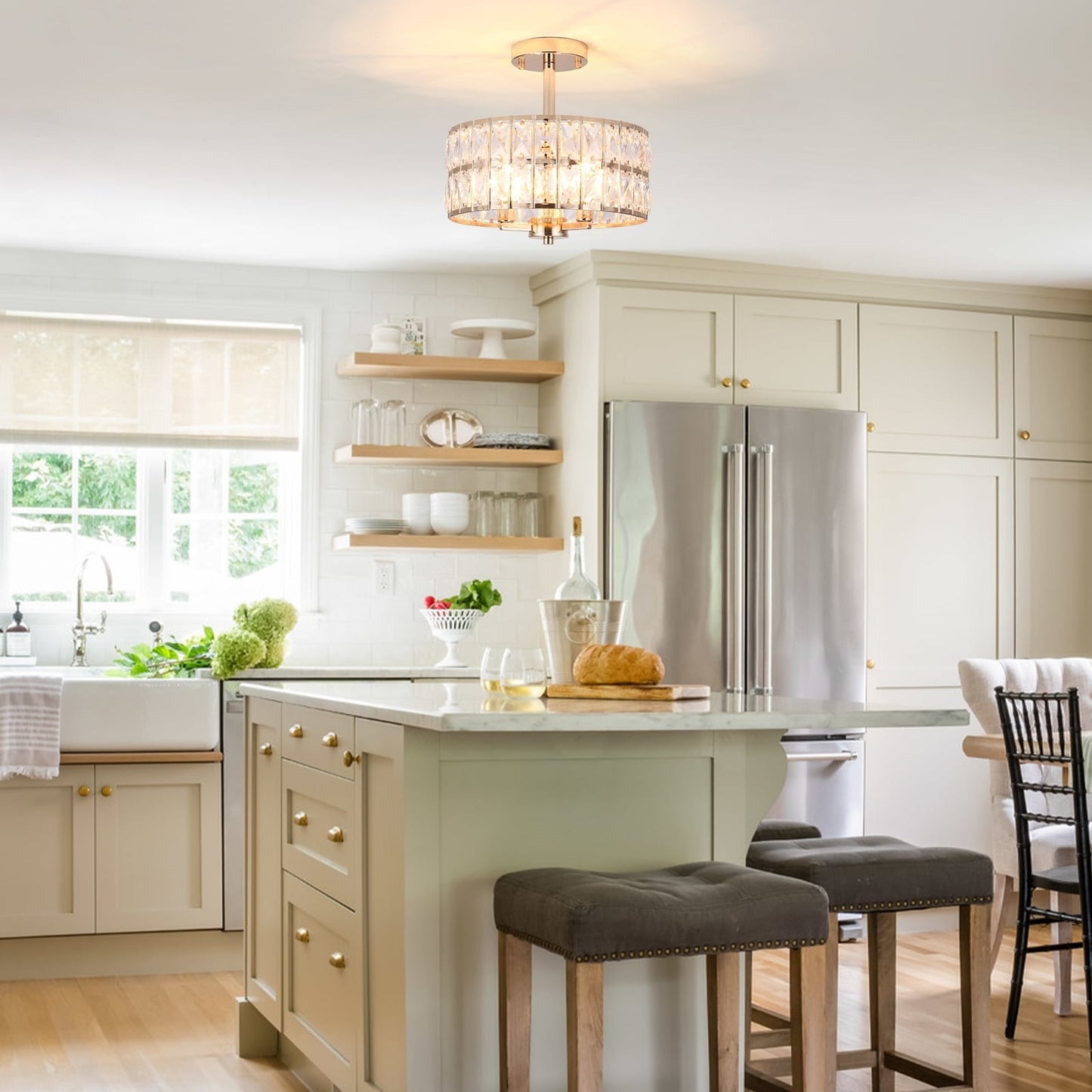 3-Light Crystal Semi Flush Mount Lights for Living Room Hallway