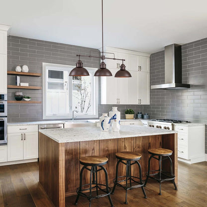 Suspension en forme de dôme de style industriel à 3 lampes, style ferme, en métal, pour îlot de cuisine linéaire, finition bronze huilé