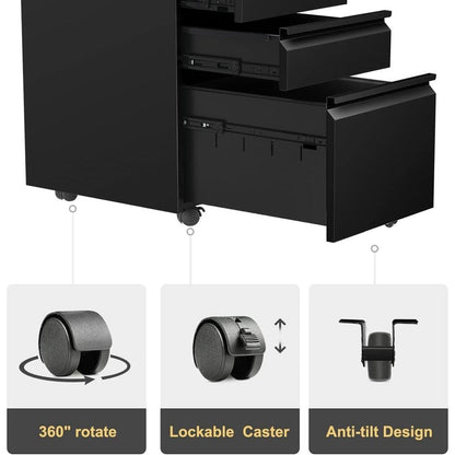 3 Drawer Metal Locking File Cabinet for Home Office, Rolling Cabinet Fully Assembled
