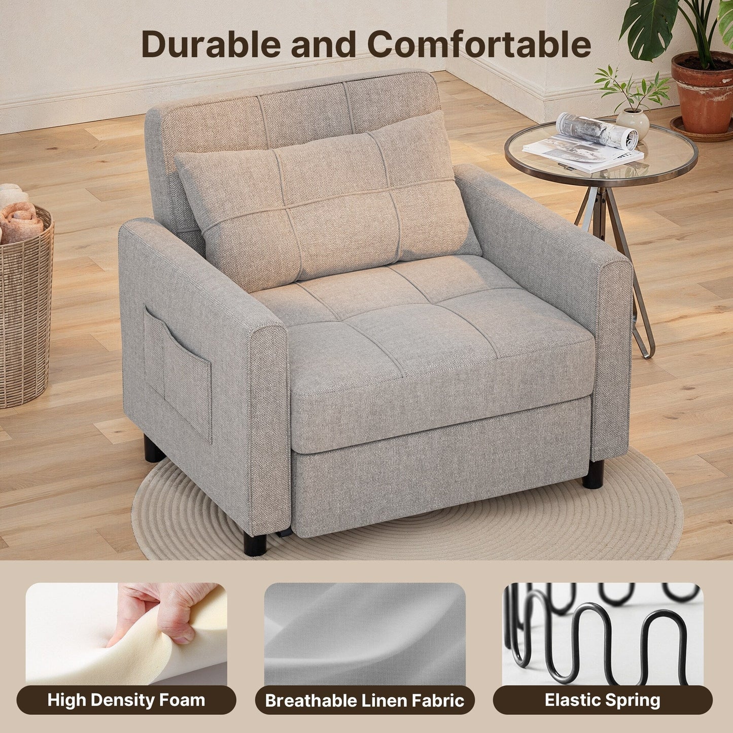 Canapé-lit gigogne 3 en 1, convertible, réglable, pliable et rembourré