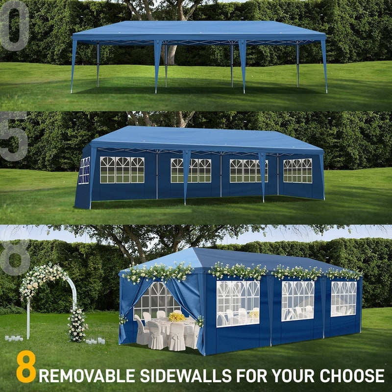 Gazebo pop-up en tissu Oxford 30 x 10 pi avec 8 sacs de sable et 8 parois latérales, avec auvent pour sac de remorquage - 30 x 10 x 8,8 pi (l x h)