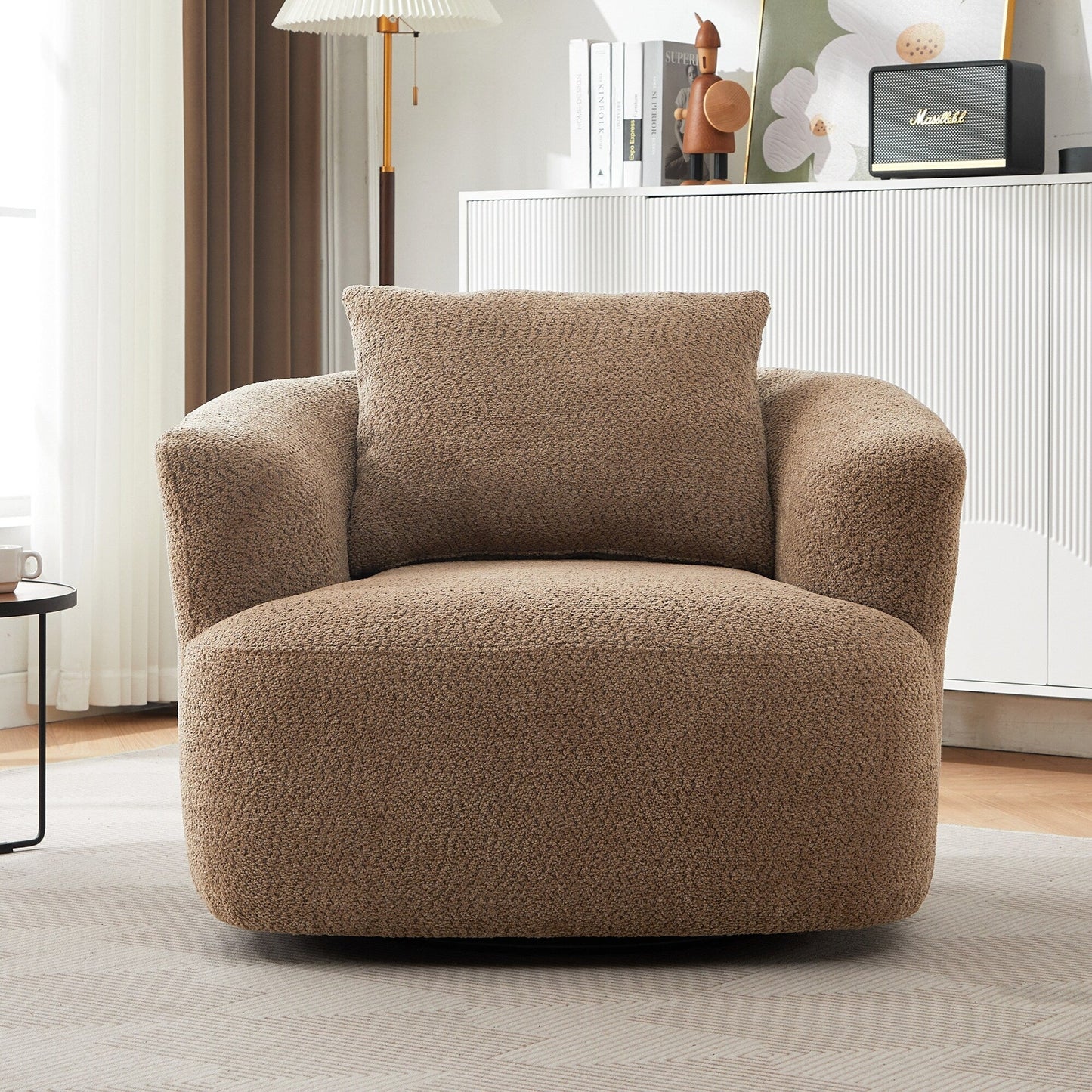Fauteuil pivotant à 360°, fauteuil d'appoint en boucle de 38,2" avec coussin décoratif, fauteuil rembourré en forme de tonneau avec accoudoirs incurvés