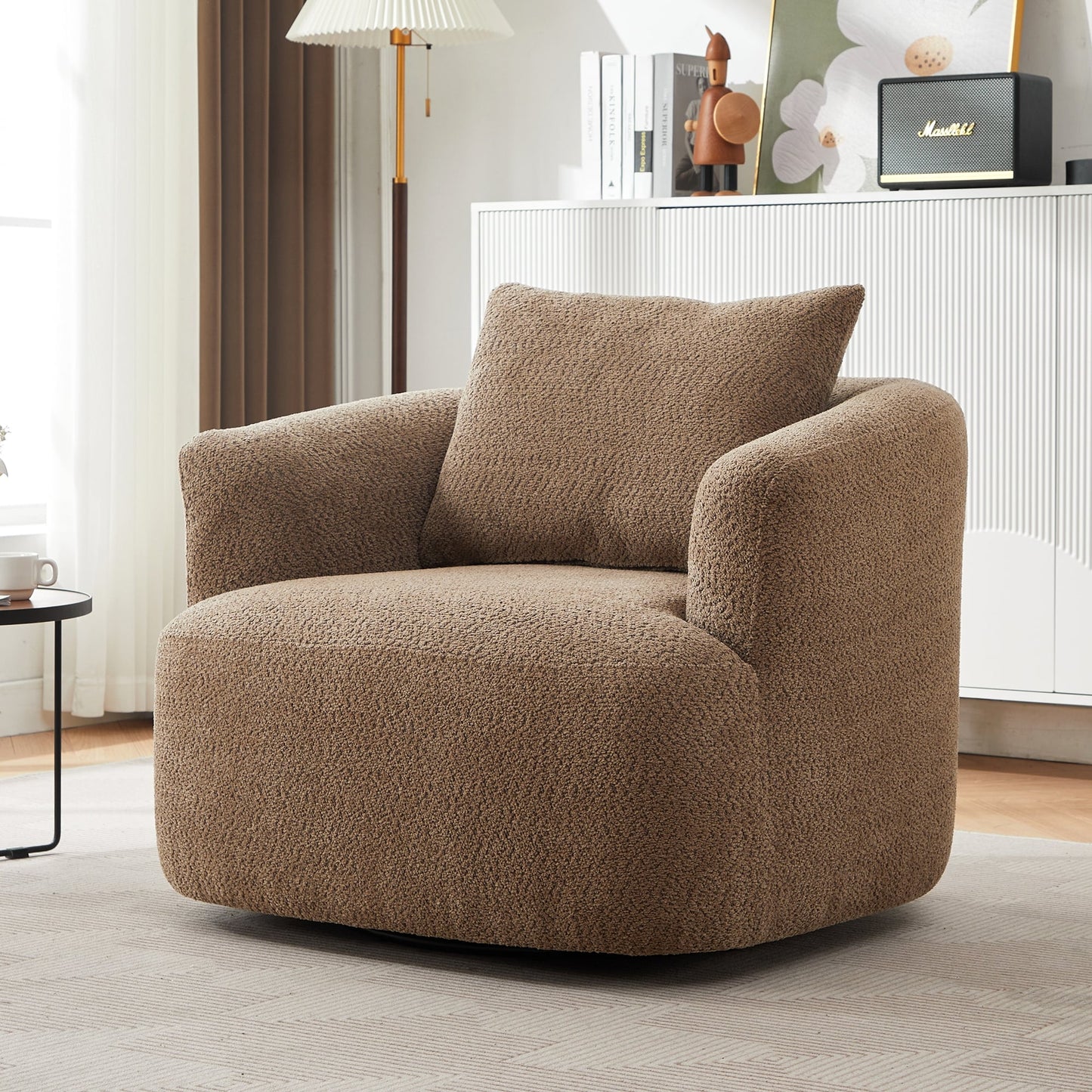 Fauteuil pivotant à 360°, fauteuil d'appoint en boucle de 38,2" avec coussin décoratif, fauteuil rembourré en forme de tonneau avec accoudoirs incurvés