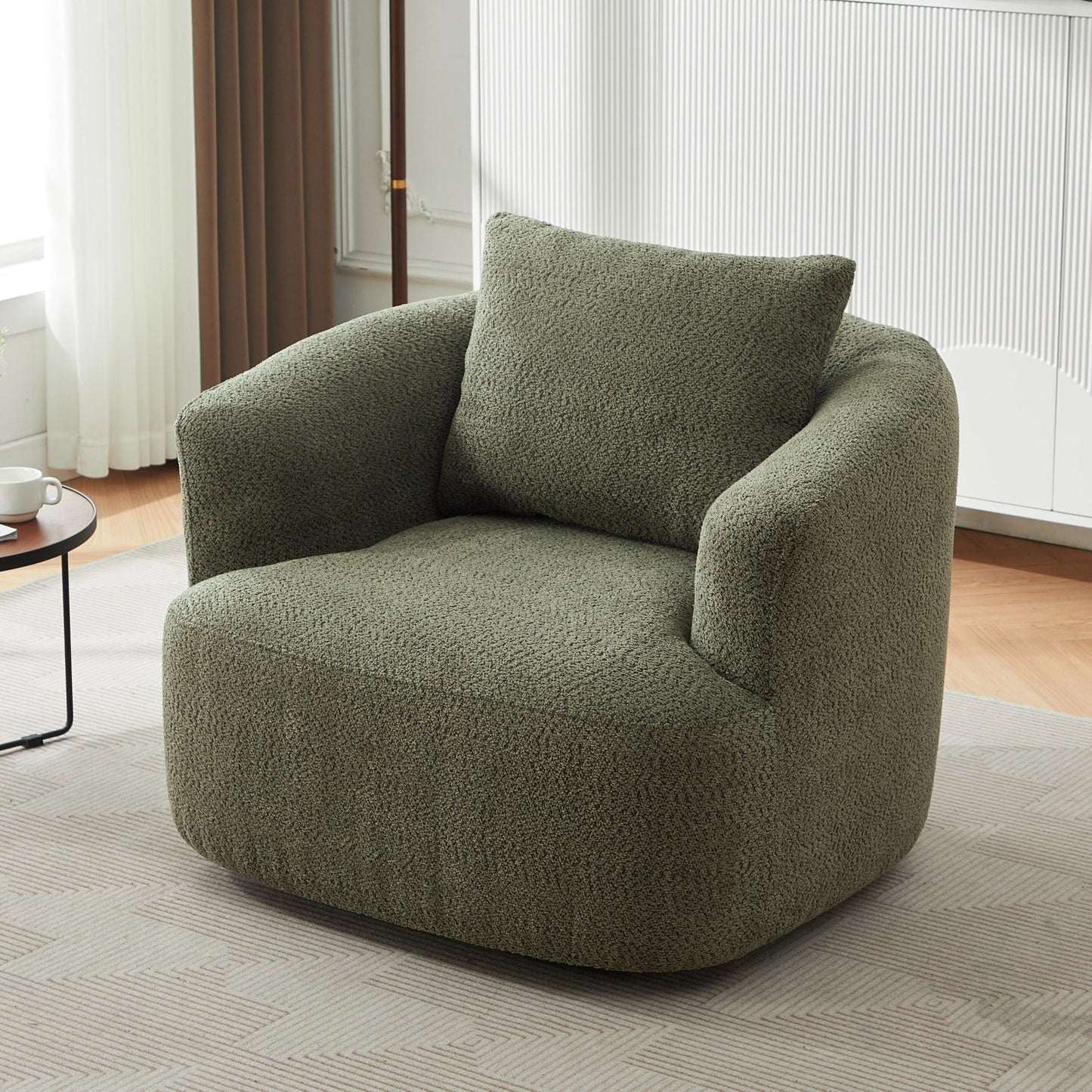 Fauteuil pivotant à 360°, fauteuil d'appoint en boucle de 38,2" avec coussin décoratif, fauteuil rembourré en forme de tonneau avec accoudoirs incurvés