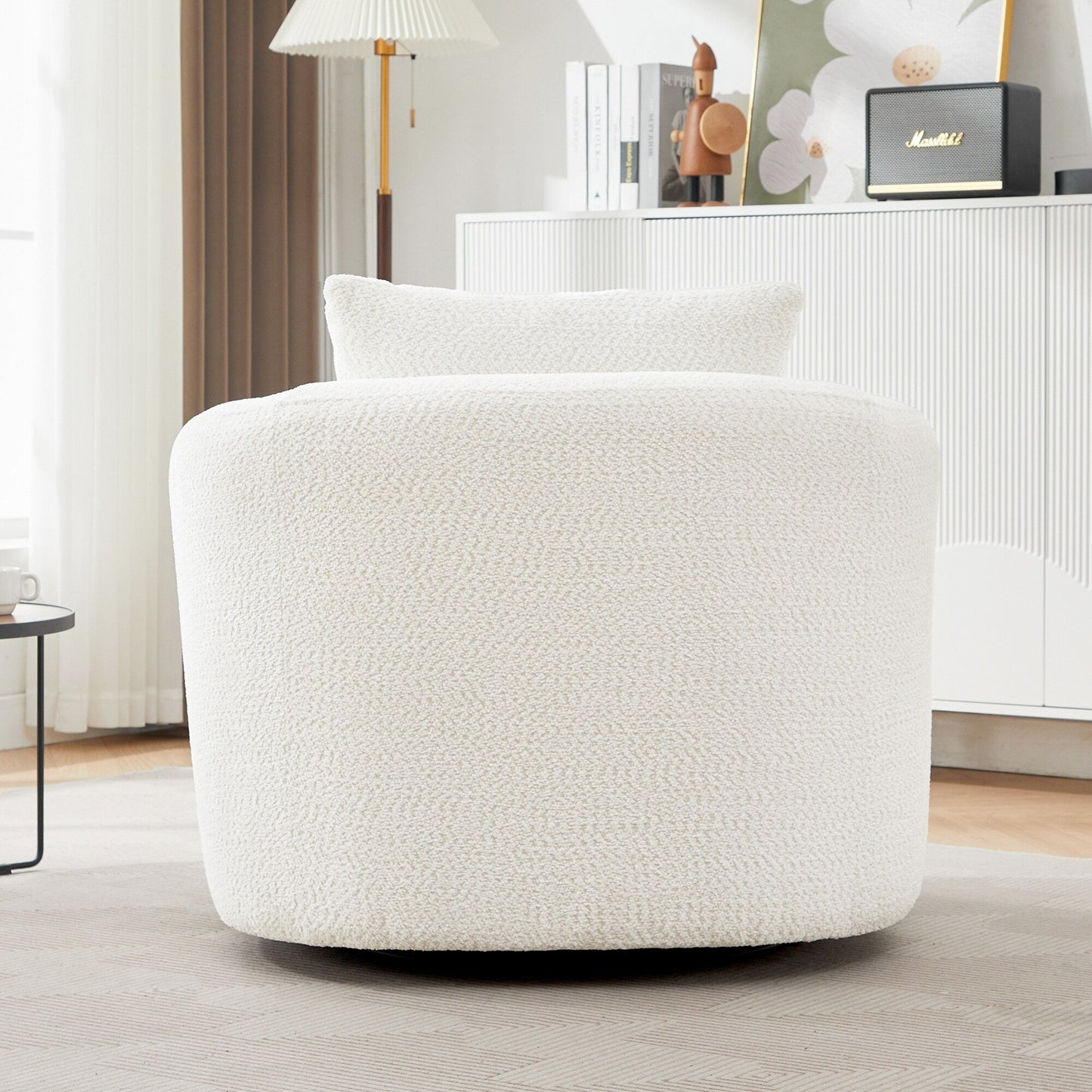Fauteuil pivotant à 360°, fauteuil d'appoint en boucle de 38,2" avec coussin décoratif, fauteuil rembourré en forme de tonneau avec accoudoirs incurvés