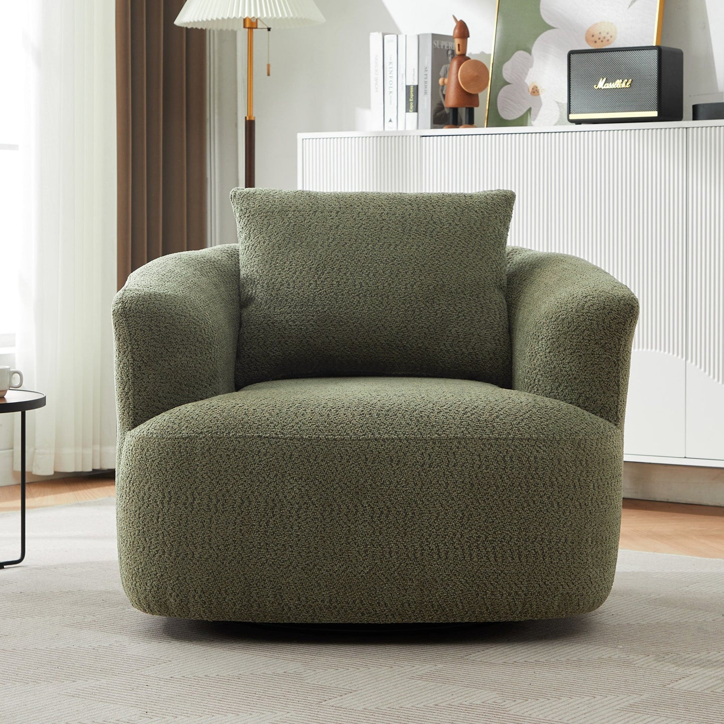 Fauteuil pivotant à 360°, fauteuil d'appoint en boucle de 38,2" avec coussin décoratif, fauteuil rembourré en forme de tonneau avec accoudoirs incurvés