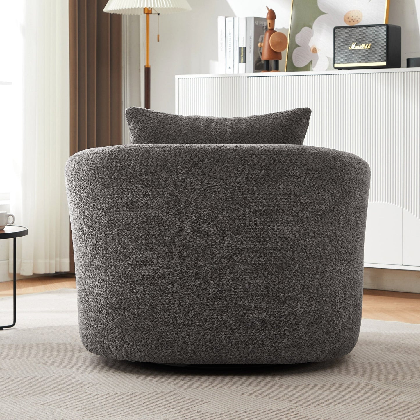 Fauteuil pivotant à 360°, fauteuil d'appoint en boucle de 38,2" avec coussin décoratif, fauteuil rembourré en forme de tonneau avec accoudoirs incurvés