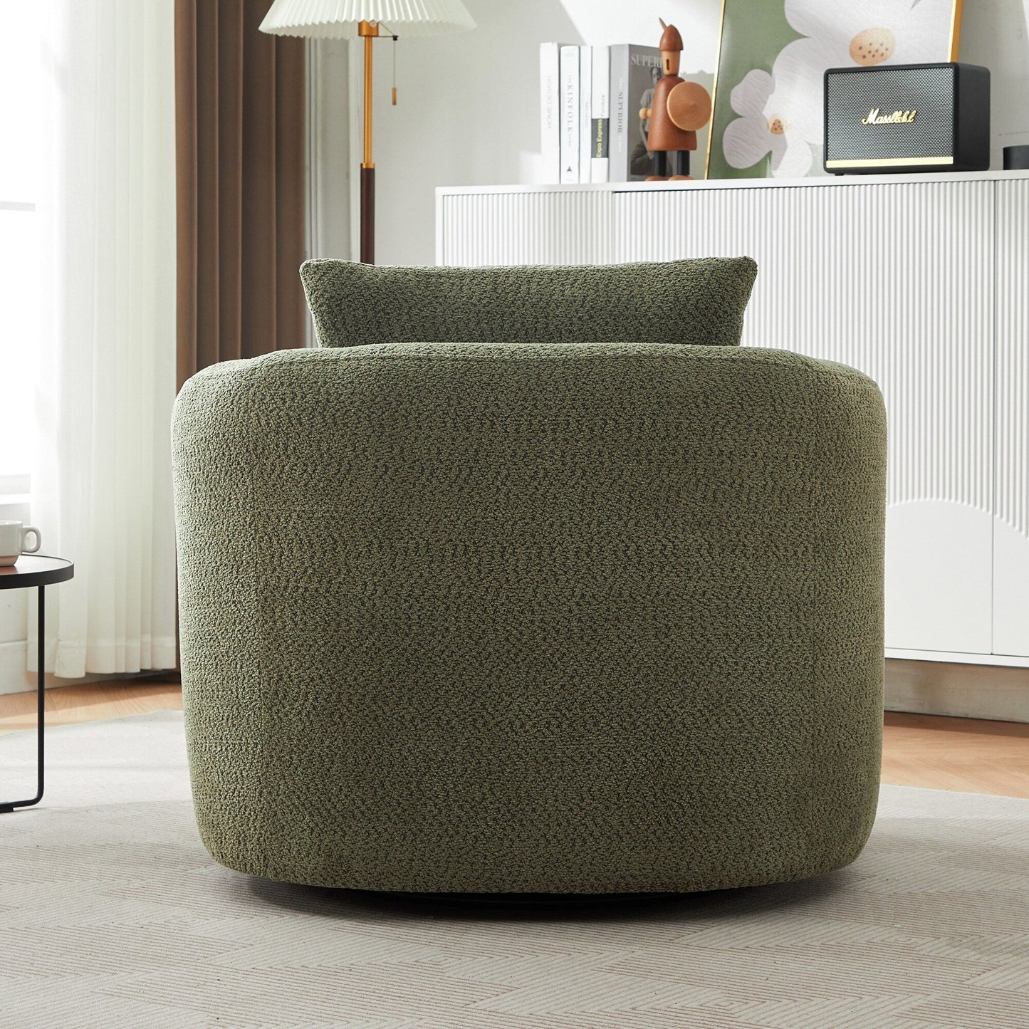 Fauteuil pivotant à 360°, fauteuil d'appoint en boucle de 38,2" avec coussin décoratif, fauteuil rembourré en forme de tonneau avec accoudoirs incurvés