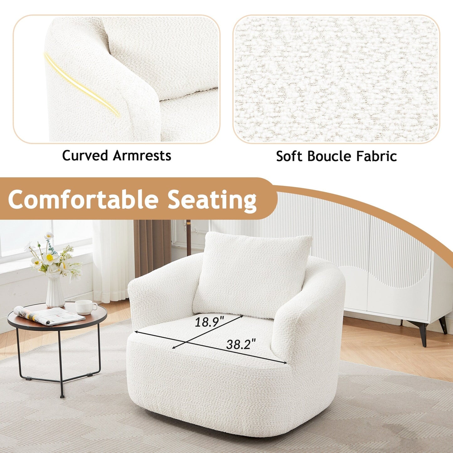 Fauteuil pivotant à 360°, fauteuil d'appoint en boucle de 38,2" avec coussin décoratif, fauteuil rembourré en forme de tonneau avec accoudoirs incurvés