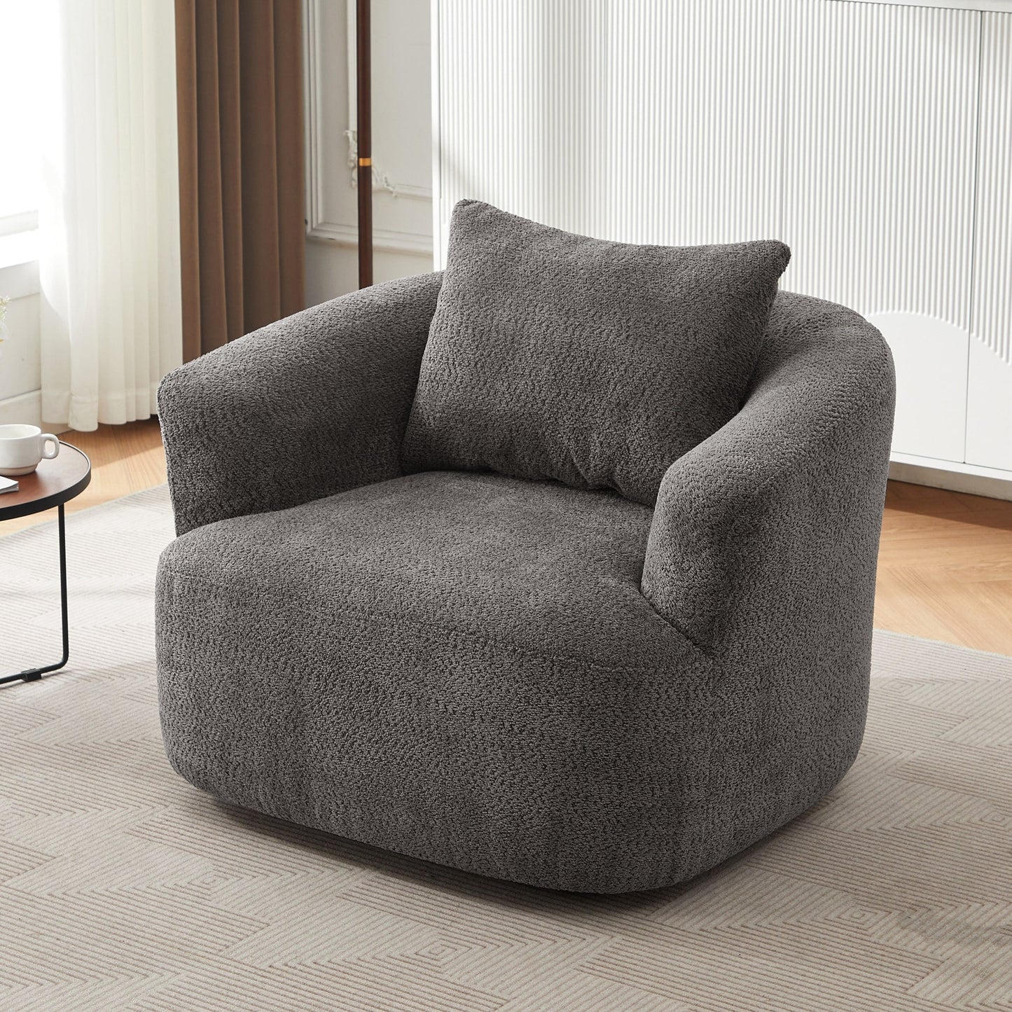 Fauteuil pivotant à 360°, fauteuil d'appoint en boucle de 38,2" avec coussin décoratif, fauteuil rembourré en forme de tonneau avec accoudoirs incurvés