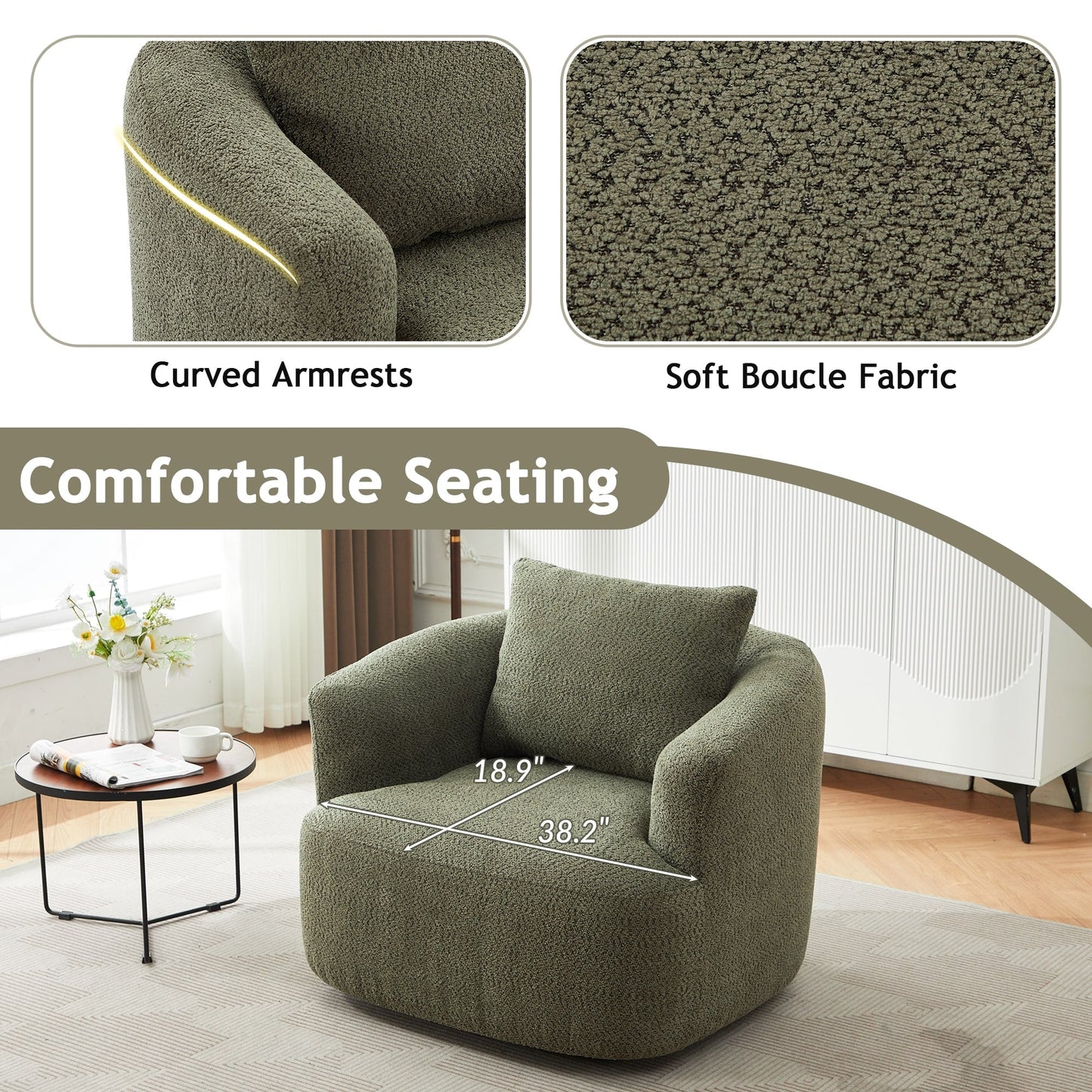 Fauteuil pivotant à 360°, fauteuil d'appoint en boucle de 38,2" avec coussin décoratif, fauteuil rembourré en forme de tonneau avec accoudoirs incurvés
