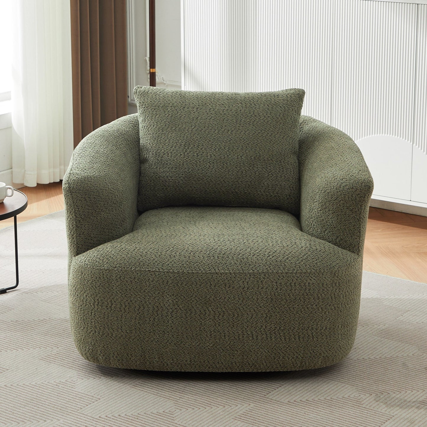 Fauteuil pivotant à 360°, fauteuil d'appoint en boucle de 38,2" avec coussin décoratif, fauteuil rembourré en forme de tonneau avec accoudoirs incurvés