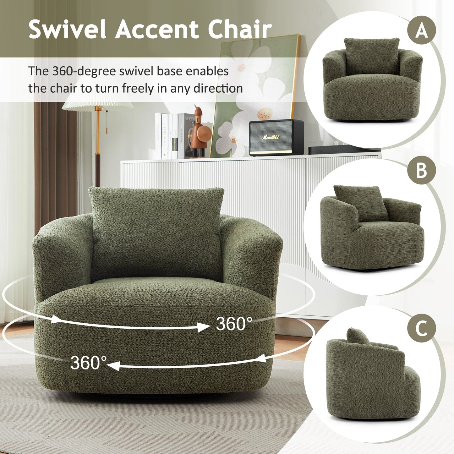 Fauteuil pivotant à 360°, fauteuil d'appoint en boucle de 38,2" avec coussin décoratif, fauteuil rembourré en forme de tonneau avec accoudoirs incurvés