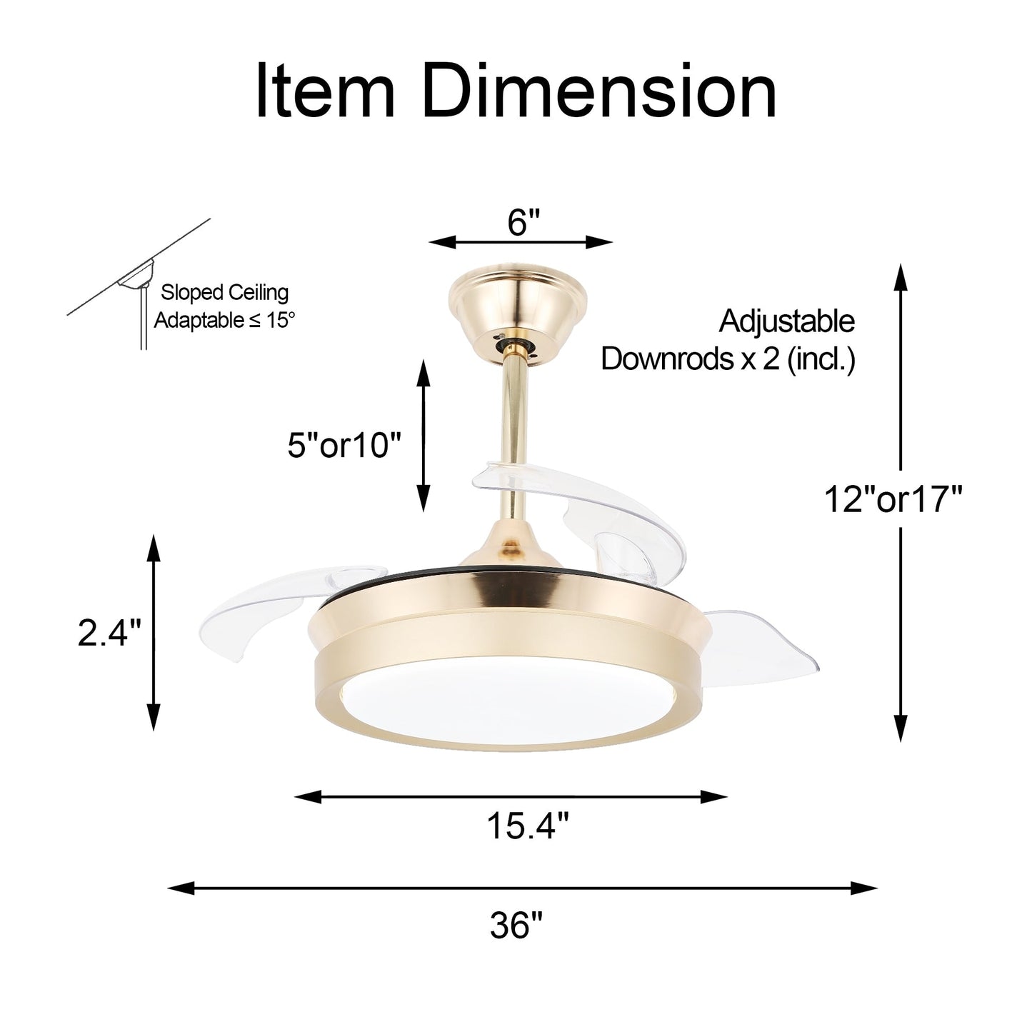 Ventilateur de plafond rétractable moderne Bella Depot 36 avec éclairage LED, pales réversibles à 6 vitesses et télécommande