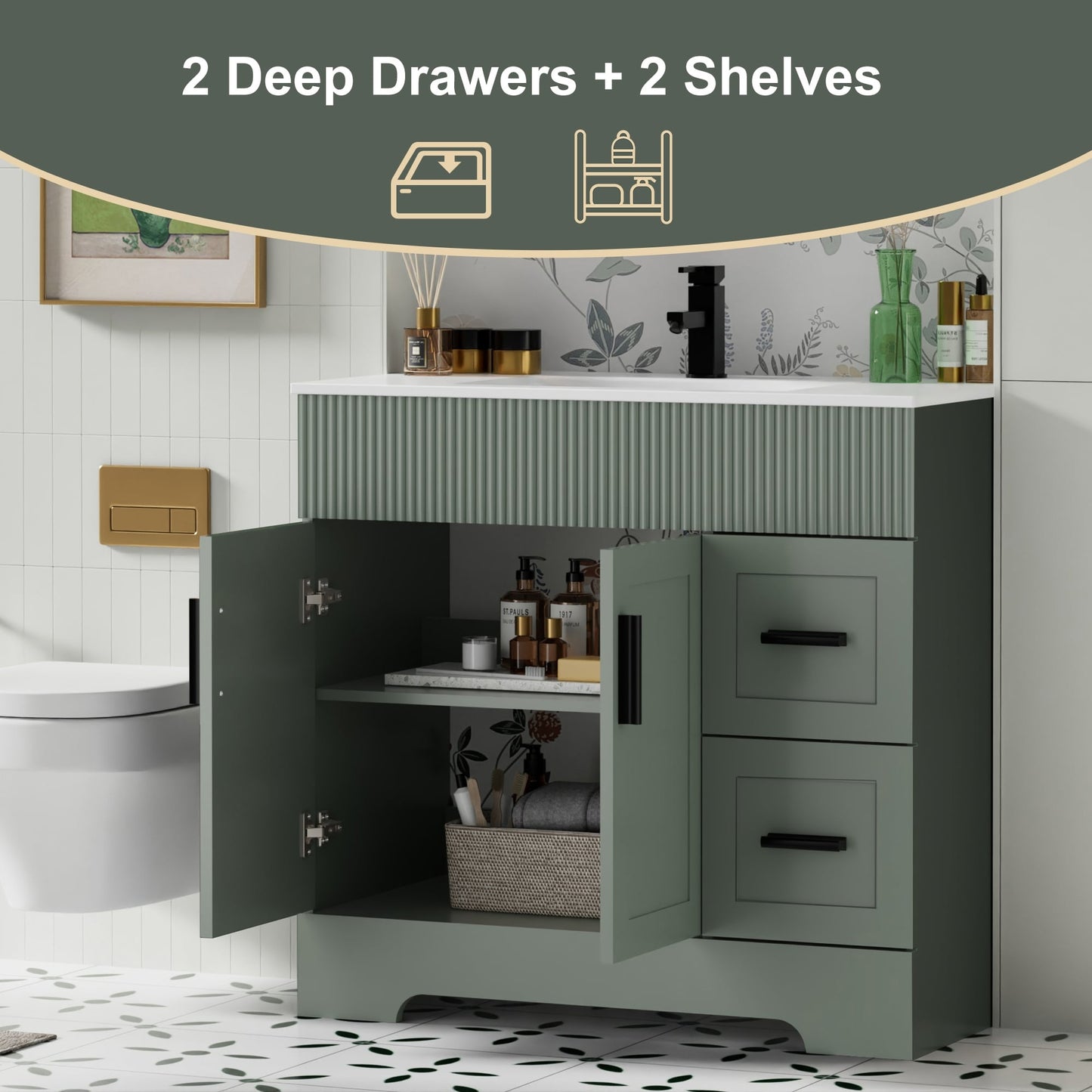 Ensemble de meuble-lavabo Wavy Line 30/36/48 avec lavabo et robinet