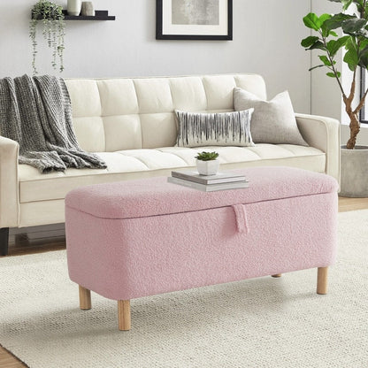 Banc ottoman de rangement en sherpa blanc cassé, repose-pieds, pour salon, chambre à coucher, pieds en bois