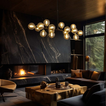 Lustre linéaire moderne du milieu du siècle de 40 po, suspension Spoutnik à 16 ampoules en laiton doré avec globe en verre dépoli pour salle à manger